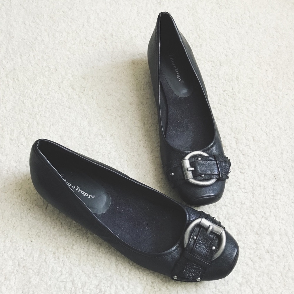 BareTraps Black Buckled Flats with Small Heel